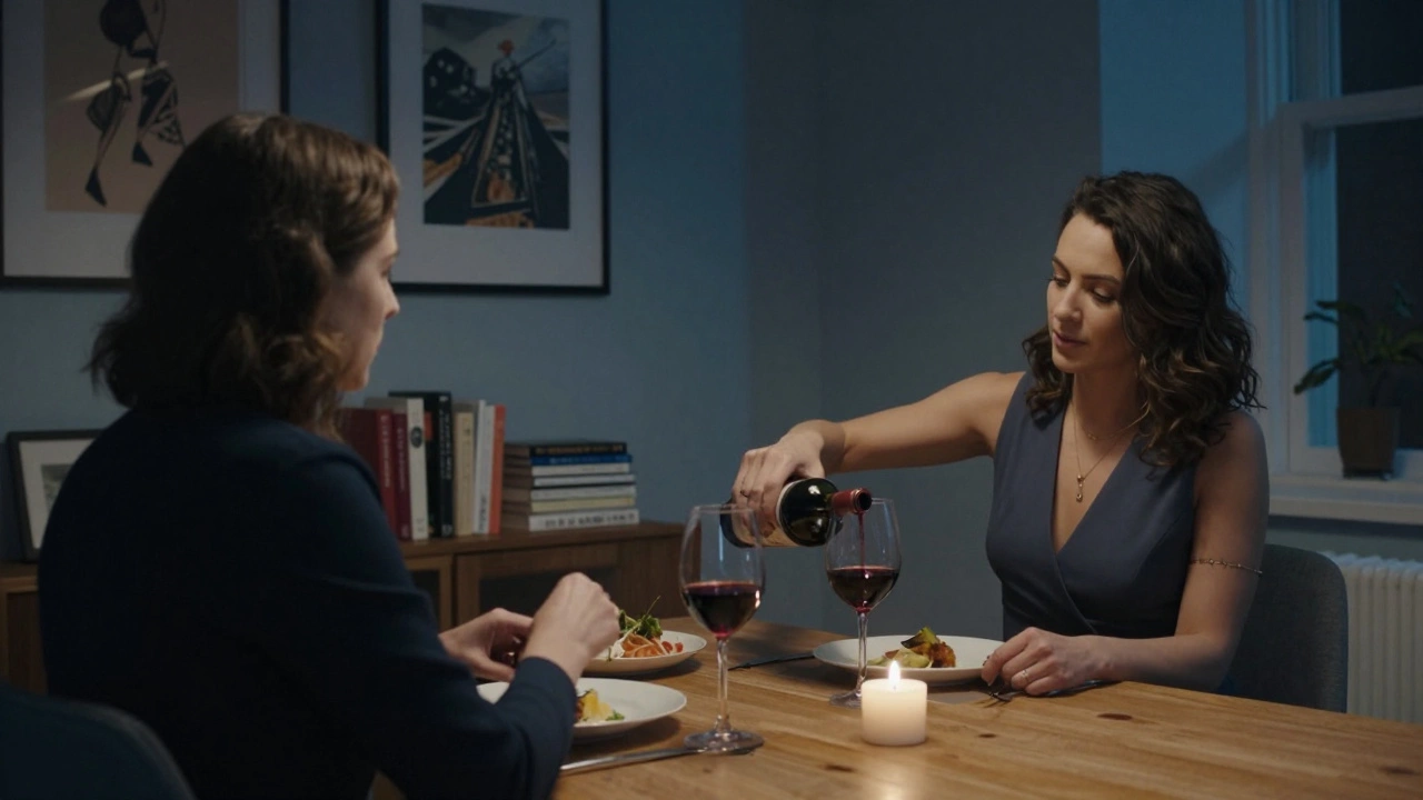 A client and companion share a quiet dinner in a well-lit London apartment, books and candles creating an intimate atmosphere.