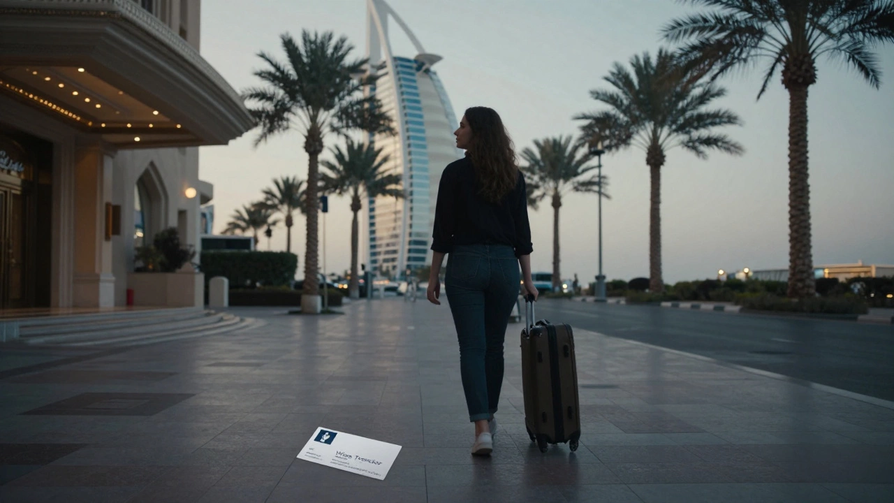 A person walks away from a luxury hotel at dawn, suitcase in hand, symbolizing departure from the escort industry.