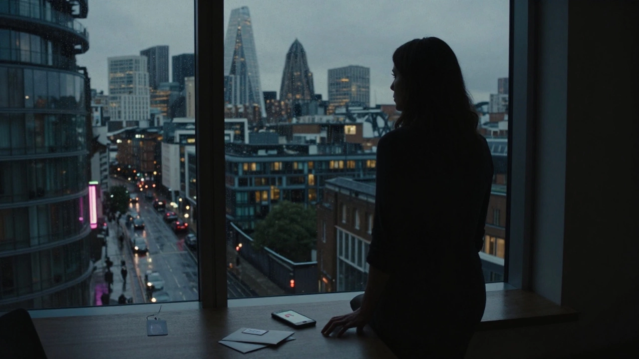A woman stands alone by a window at dusk, overlooking London’s skyline, a folded envelope on the table beside her.